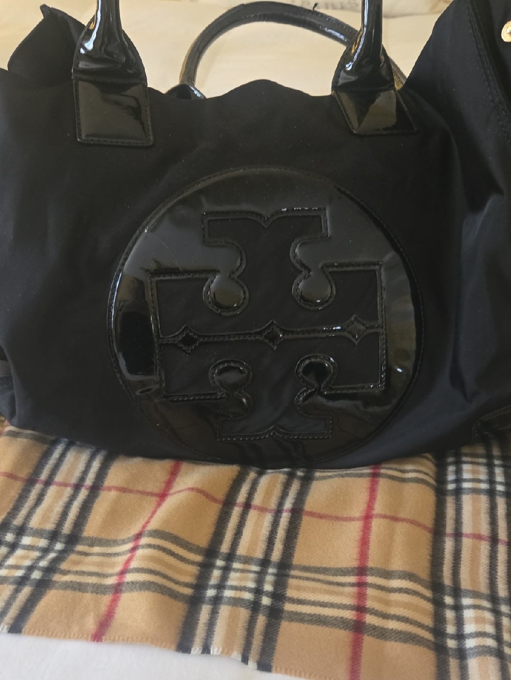 Tory Burch Black Nylon Tote with Patent Logo Accent